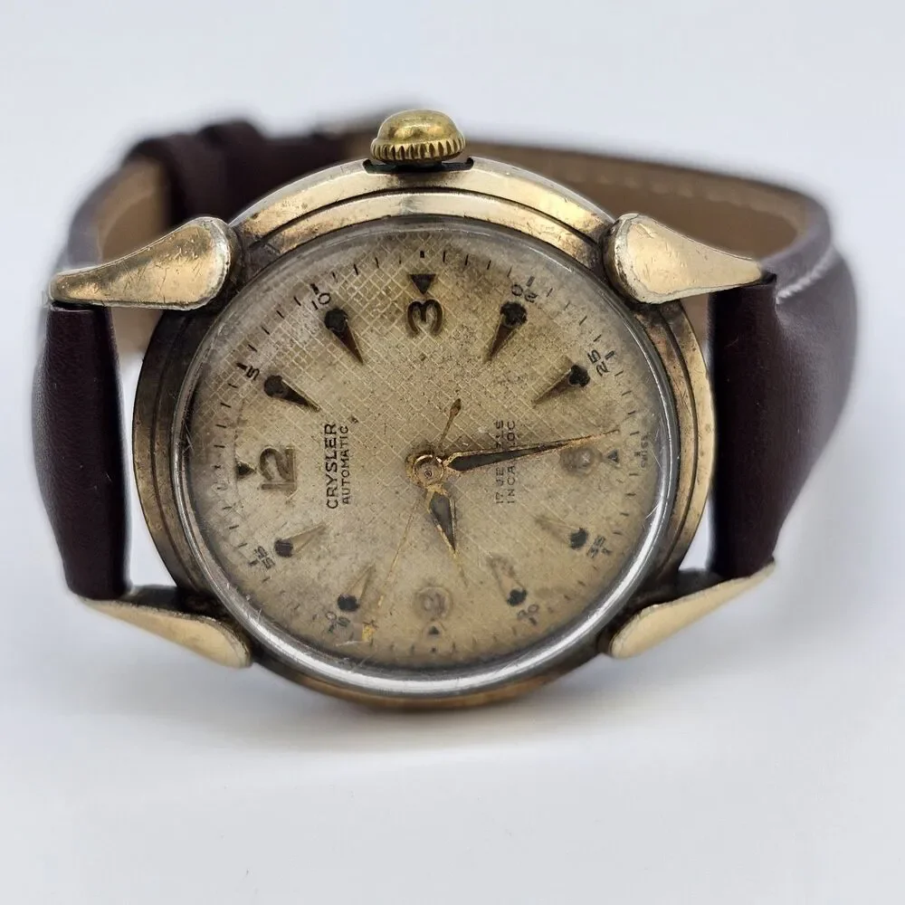 VTG Chrysler Men’s Automatic Watch‎ 34MM Gold Dial Brown Bands READ DESCRIPTION